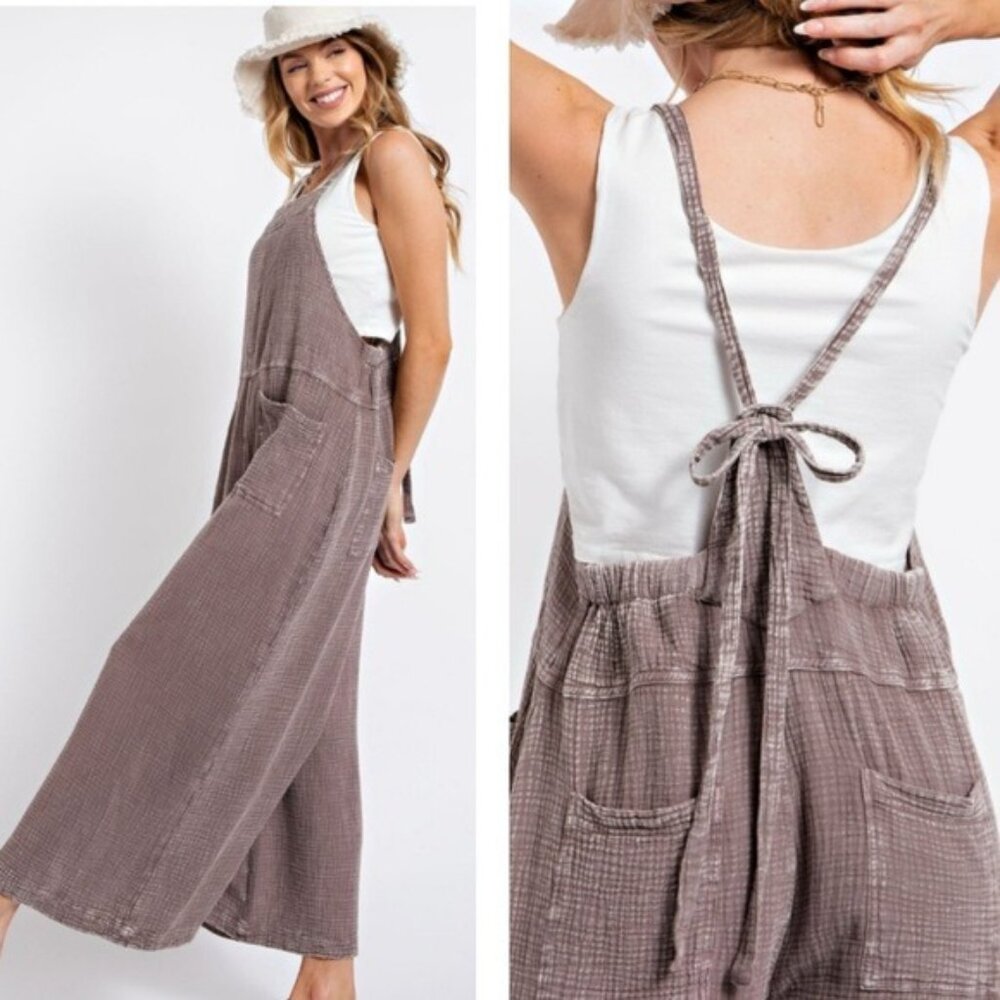 New Bohemian Wide Leg Overalls Washed Cotton Romper Jumpsuit Brown Tan